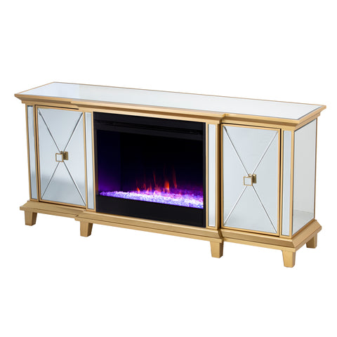 Image of Mirrored media fireplace with storage cabinets and color changing firebox Image 7