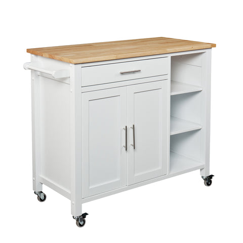 Image of Features butcher block, 1 drawer, 1 double-door cabinet with fixed shelf, 3 open fixed shelves, and 1 towel rack Image 4