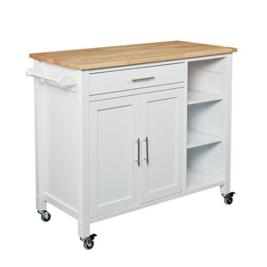 Features butcher block, 1 drawer, 1 double-door cabinet with fixed shelf, 3 open fixed shelves, and 1 towel rack Image 4