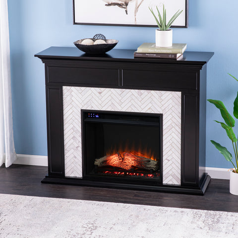Image of Fireplace mantel w/ authentic marble surround in eye-catching herringbone layout Image 3