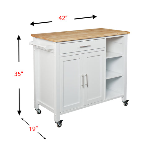 Image of Features butcher block, 1 drawer, 1 double-door cabinet with fixed shelf, 3 open fixed shelves, and 1 towel rack Image 7