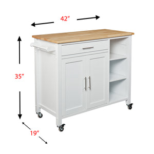 Features butcher block, 1 drawer, 1 double-door cabinet with fixed shelf, 3 open fixed shelves, and 1 towel rack Image 7