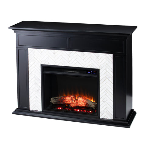 Image of Fireplace mantel w/ authentic marble surround in eye-catching herringbone layout Image 4