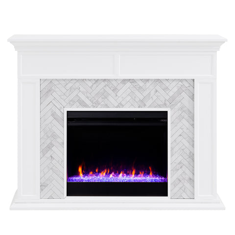 Fireplace mantel w/ authentic marble surround in eye-catching herringbone layout Image 3