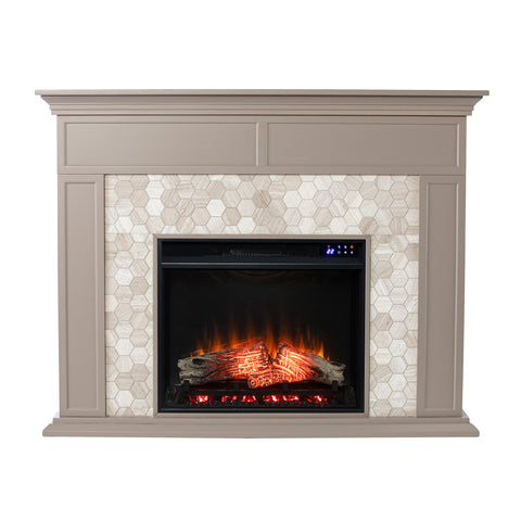 Image of Fireplace mantel w/ authentic marble surround in eye-catching hexagon layout Image 4